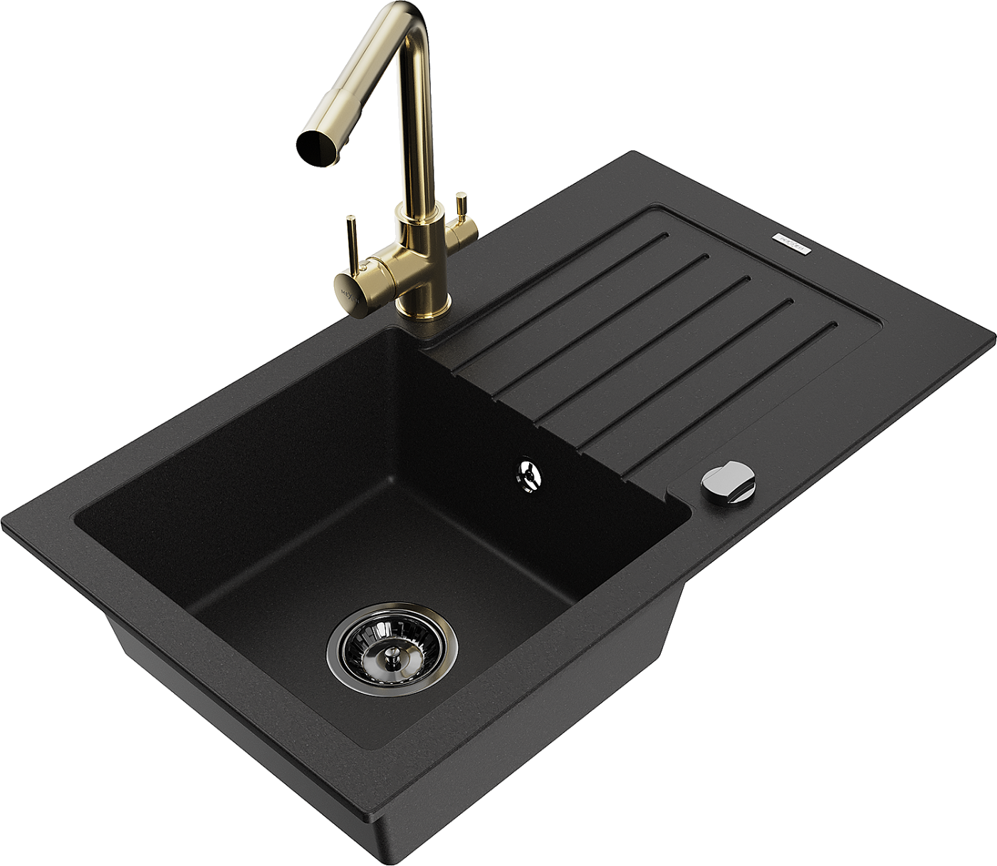 Mexen Pablo zlewozmywak granitowy 1-komorowy z ociekaczem i baterią kuchenną Duero, czarny - 6510-77-671600-50-B