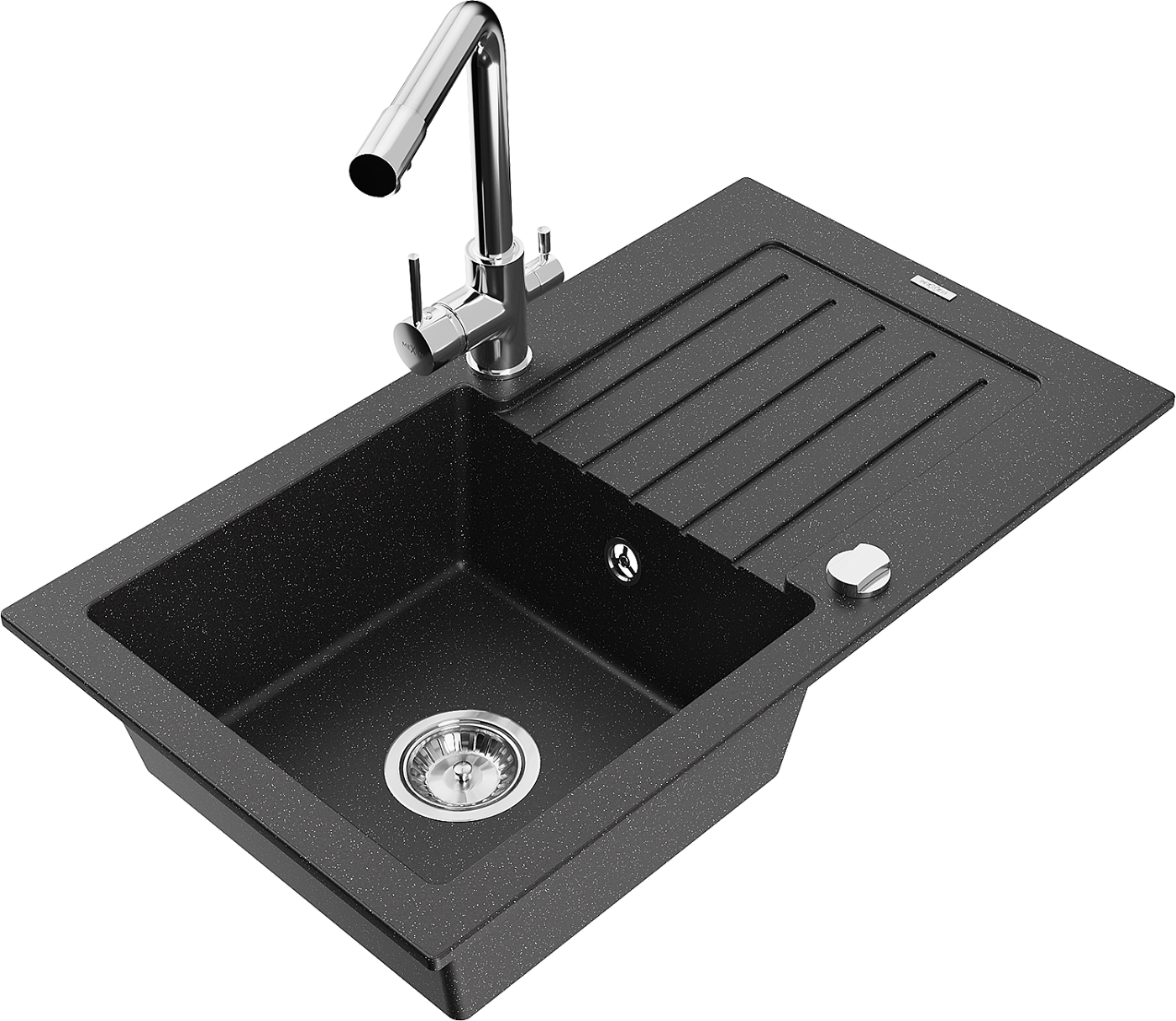 Mexen Pablo zlewozmywak granitowy 1-komorowy z ociekaczem i baterią kuchenną Duero, czarny/srebrny metalik - 6510-73-671600-00