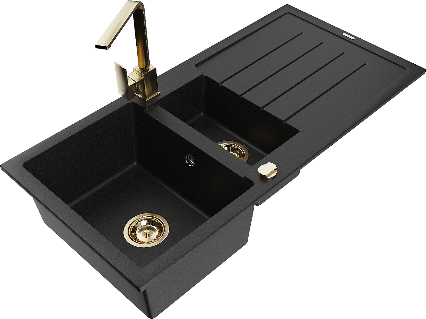 Mexen Andres zlewozmywak granitowy 1,5-komorowy z ociekaczem i baterią kuchenną Rita, czarny - 6515-77-670300-50