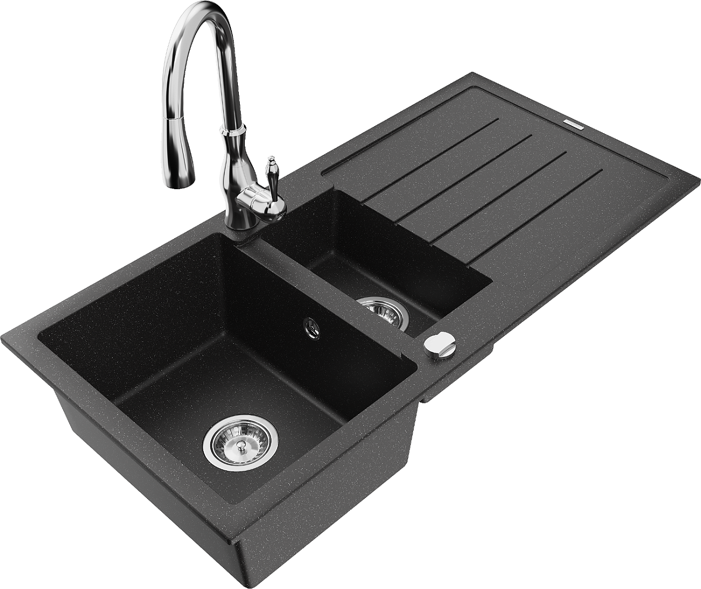Mexen Andres zlewozmywak granitowy 1,5-komorowy z ociekaczem i baterią kuchenną Savita, czarny/srebrny - 6515-73-672601-00