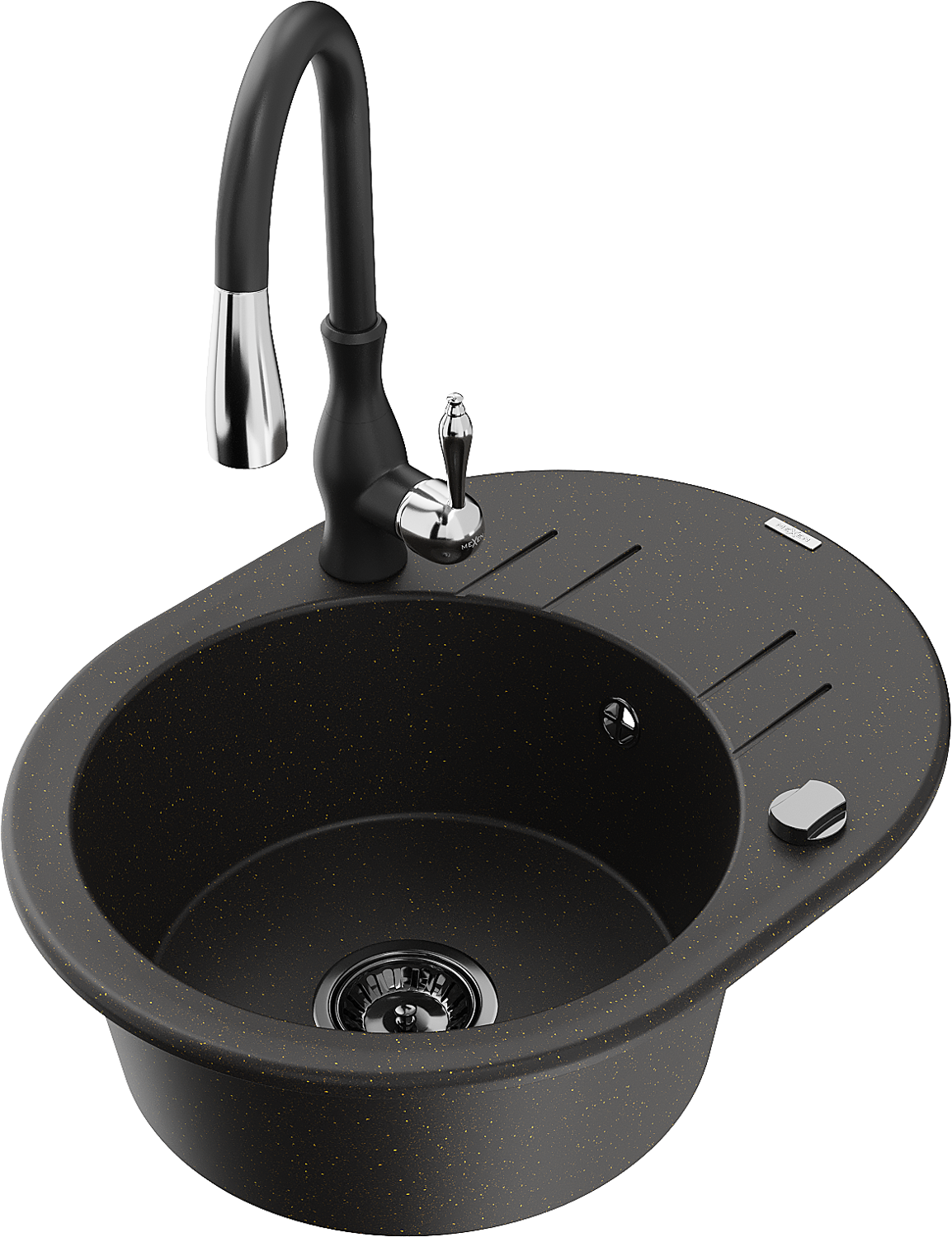 Mexen Kevin zlewozmywak granitowy 1-komorowy z ociekaczem i baterią kuchenną Savita, czarny/złoty metalik - 6517-75-672601-70-B