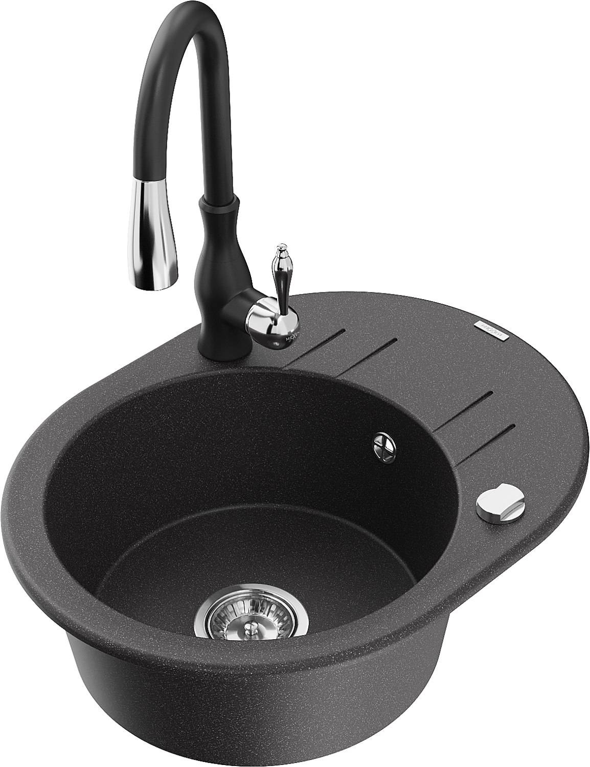 Mexen Kevin zlewozmywak granitowy 1-komorowy z ociekaczem i baterią kuchenną Savita, czarny nakrapiany - 6517-76-672601-70