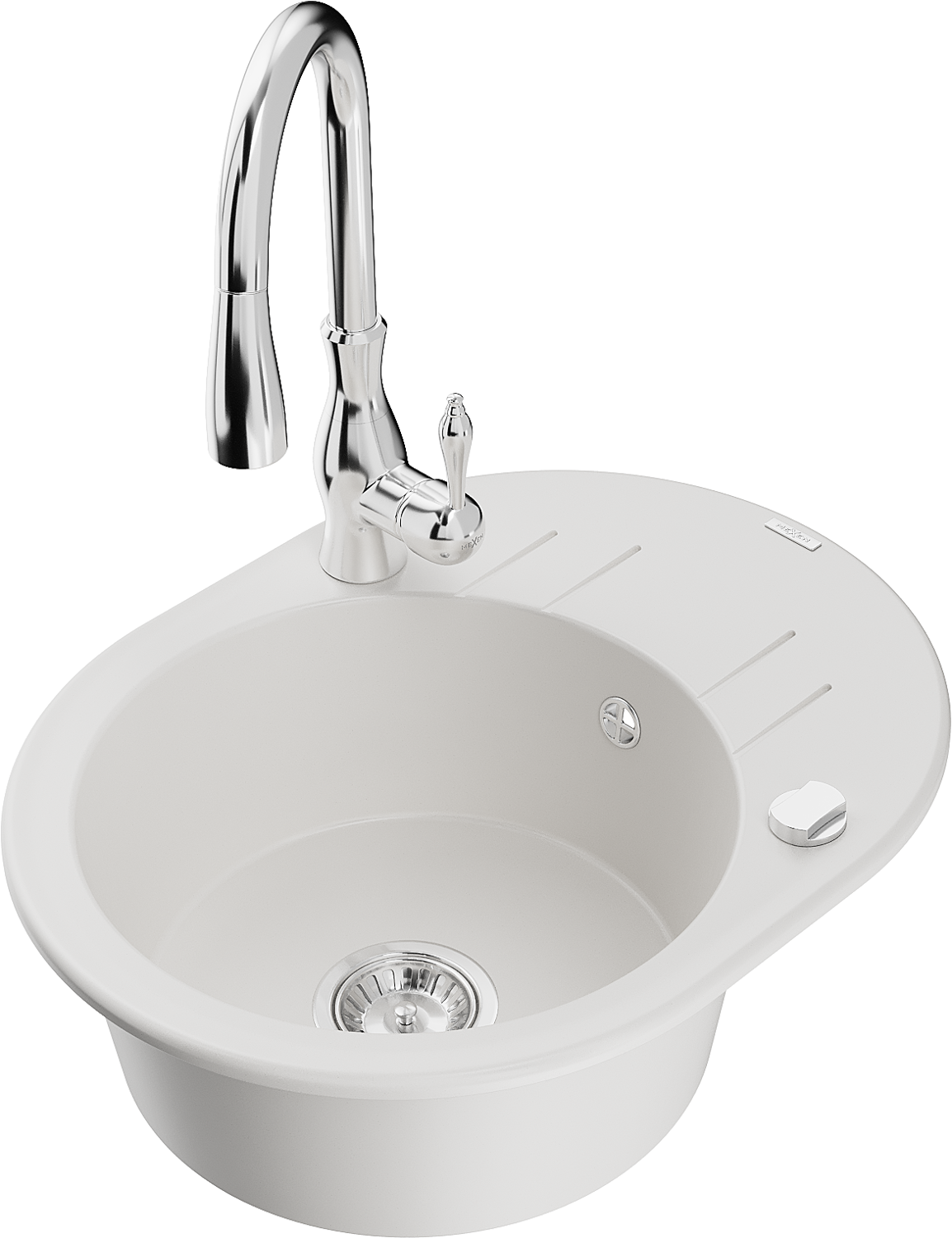 Mexen Kevin zlewozmywak granitowy 1-komorowy z ociekaczem i baterią kuchenną Savita, biały - 6517-20-672601-00