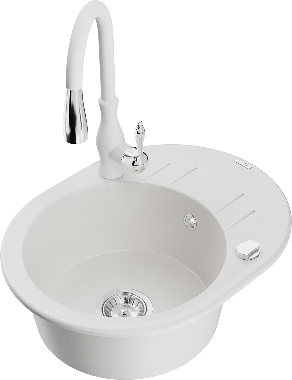 Mexen Kevin zlewozmywak granitowy 1-komorowy z ociekaczem i baterią kuchenną Savita, biały - 6517-20-672601-20