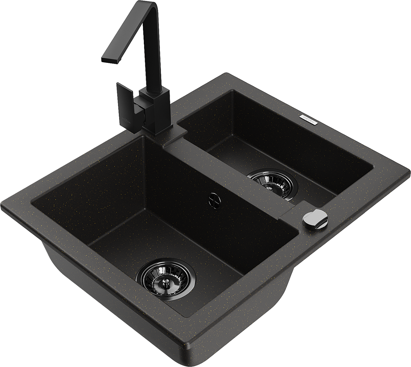 Mexen Carlos zlewozmywak granitowy 1,5-komorowy z baterią kuchenną Rita, czarny/złoty metalik - 6518-75-670300-70-B