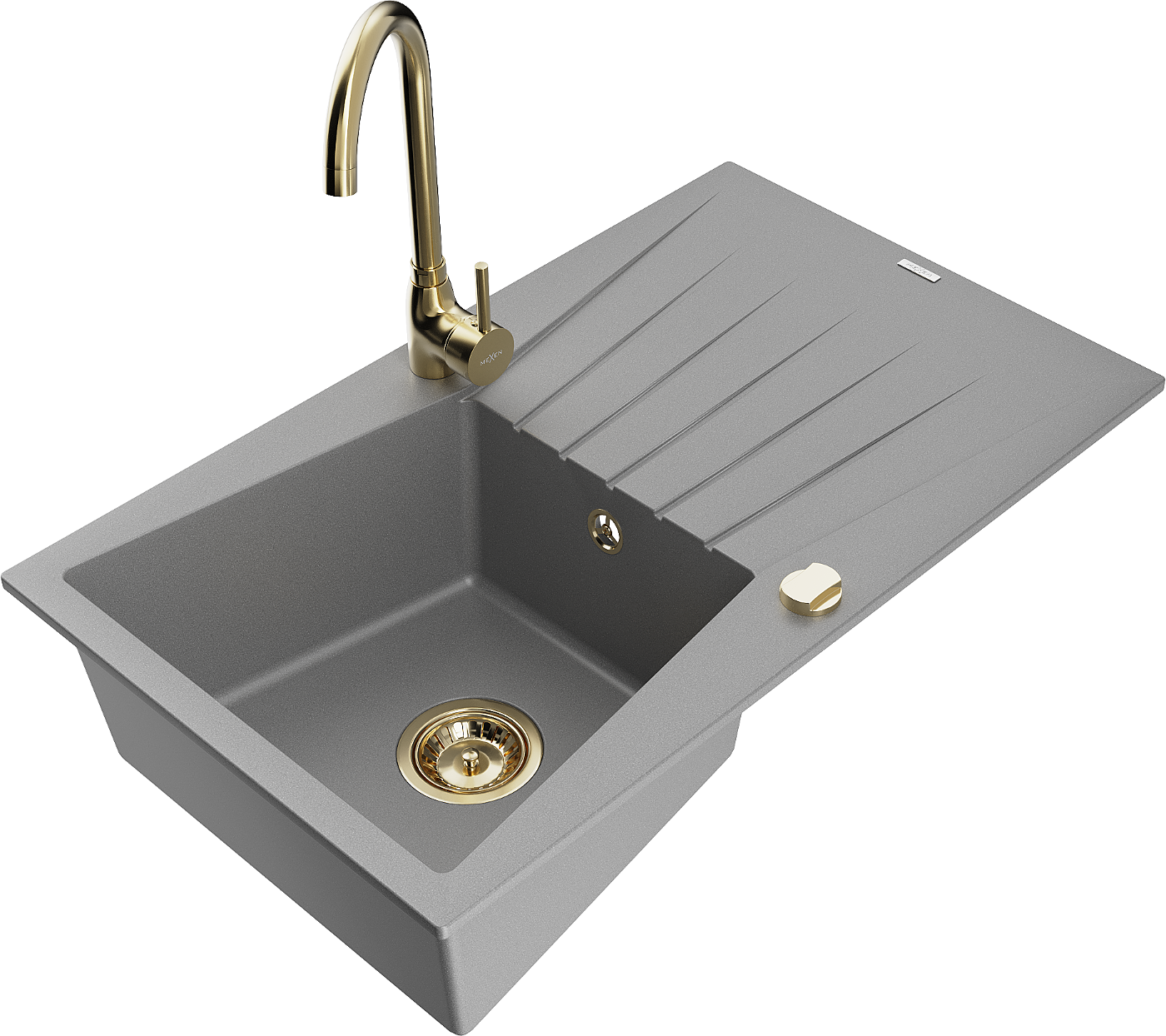 Mexen Cesar zlewozmywak granitowy 1-komorowy z ociekaczem i baterią kuchenną Telma, szary - 6514-71-670200-50