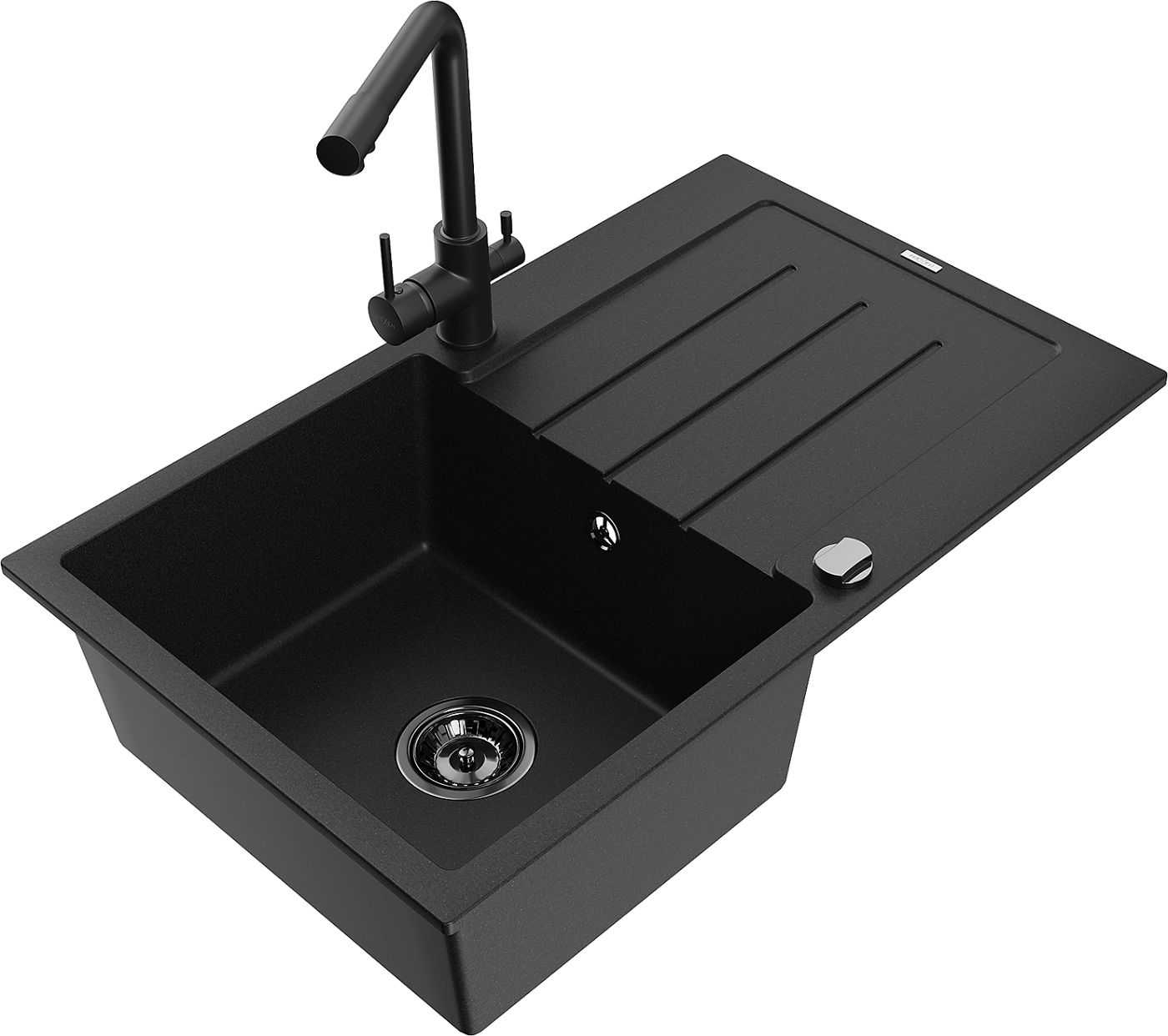 Mexen Bruno zlewozmywak granitowy 1-komorowy z ociekaczem i baterią kuchenną Duero, czarny - 6513-77-671600-70-B