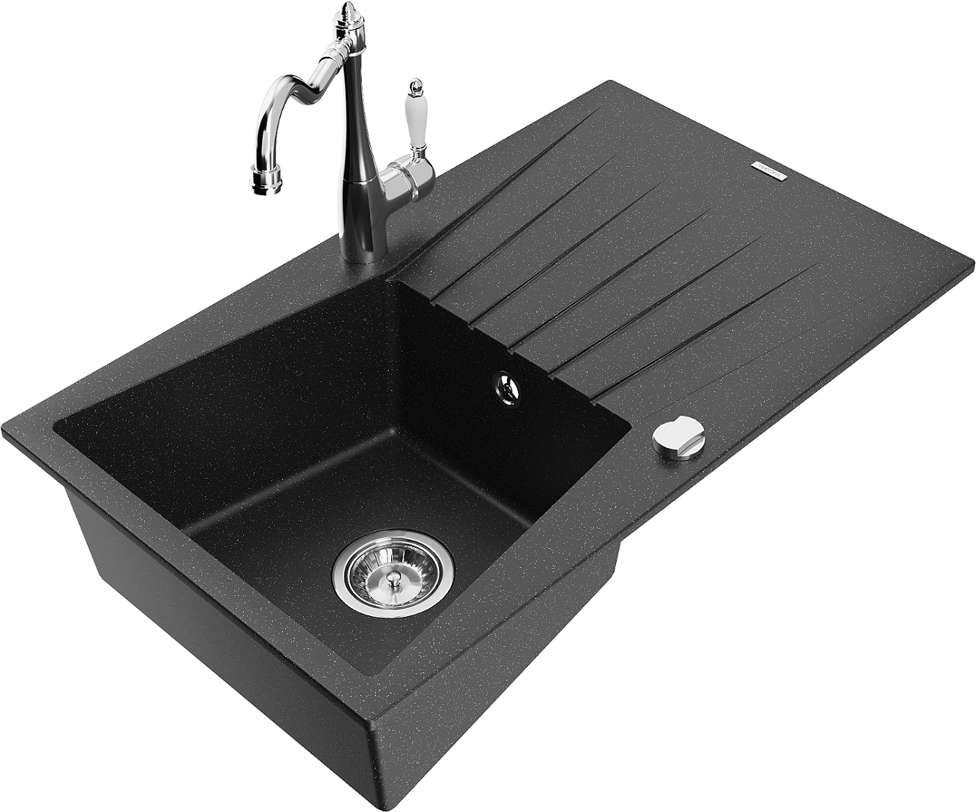 Mexen Cesar zlewozmywak granitowy 1-komorowy z ociekaczem i baterią kuchenną Carla, czarny/srebrny metalik - 6514-73-670700-00