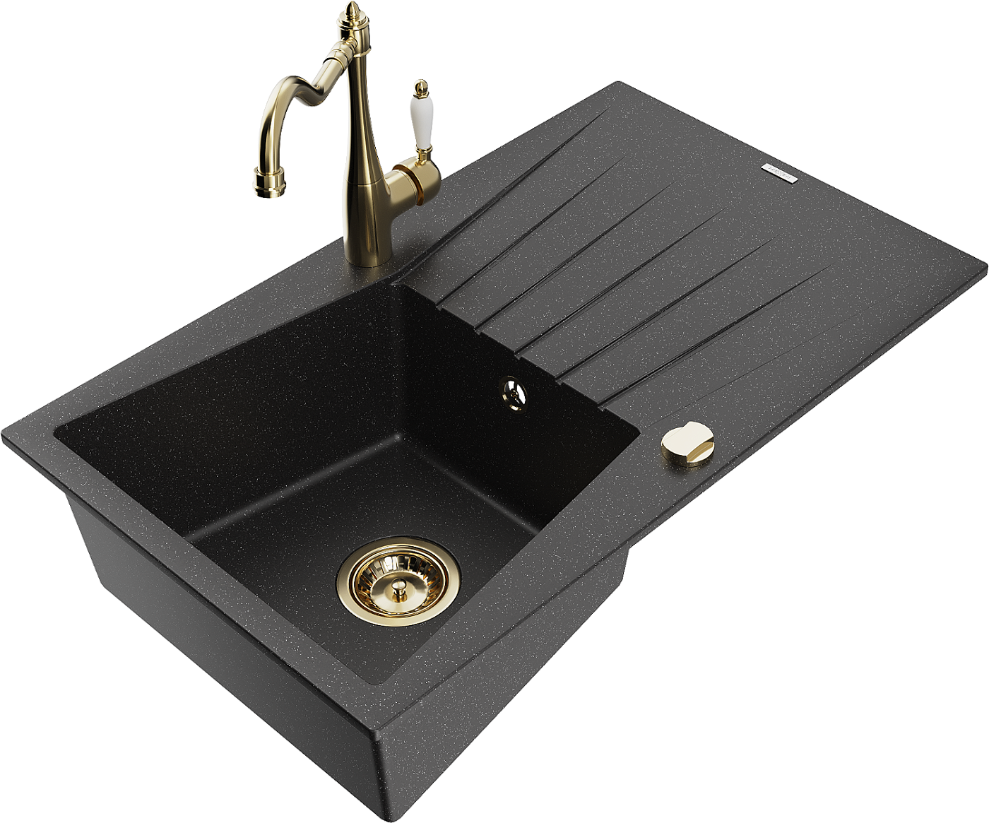 Mexen Cesar zlewozmywak granitowy 1-komorowy z ociekaczem i baterią kuchenną Carla, czarny/srebrny metalik - 6514-73-670700-50