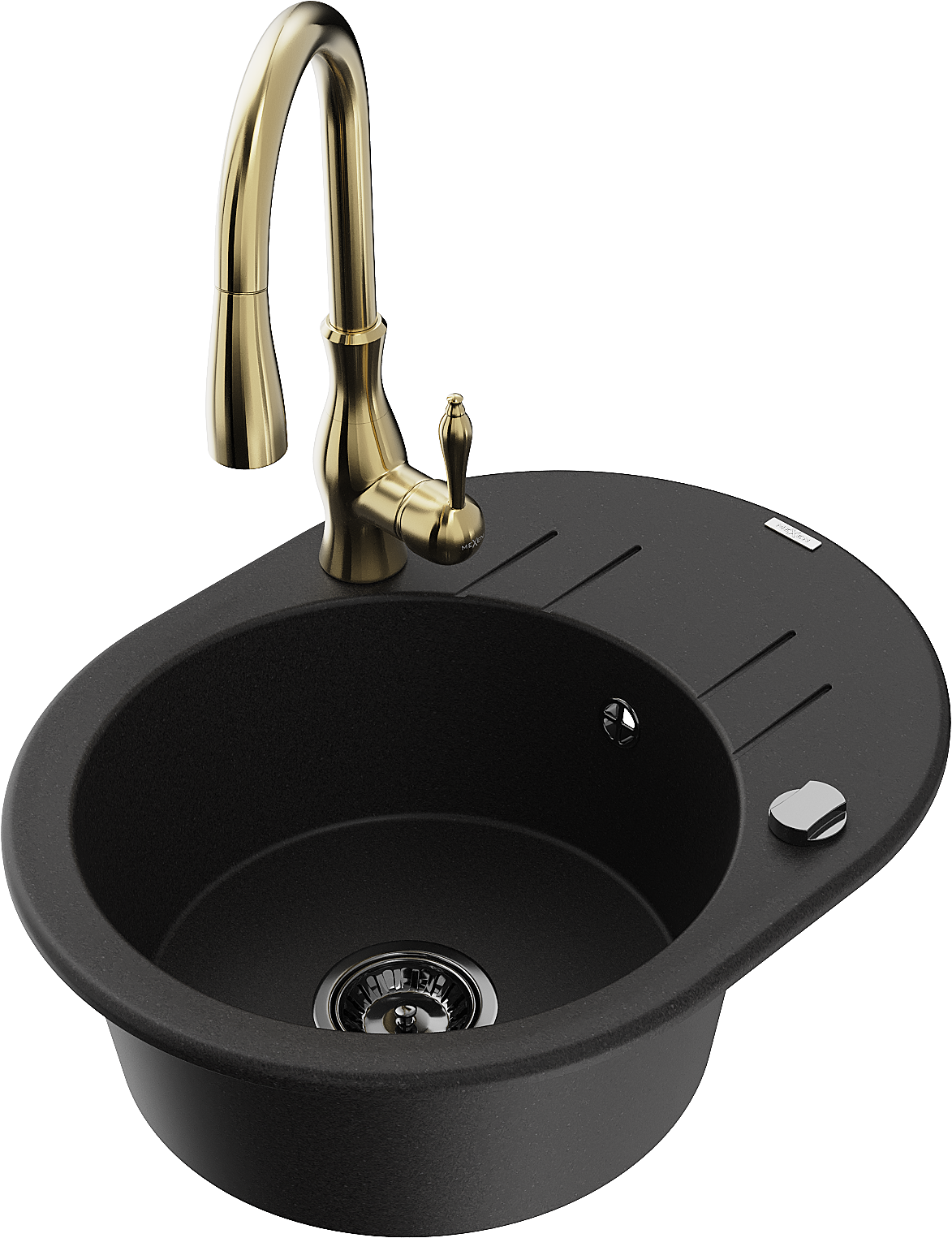 Mexen Kevin zlewozmywak granitowy 1-komorowy z ociekaczem i baterią kuchenną Savita, czarny - 6517-77-672601-50-B