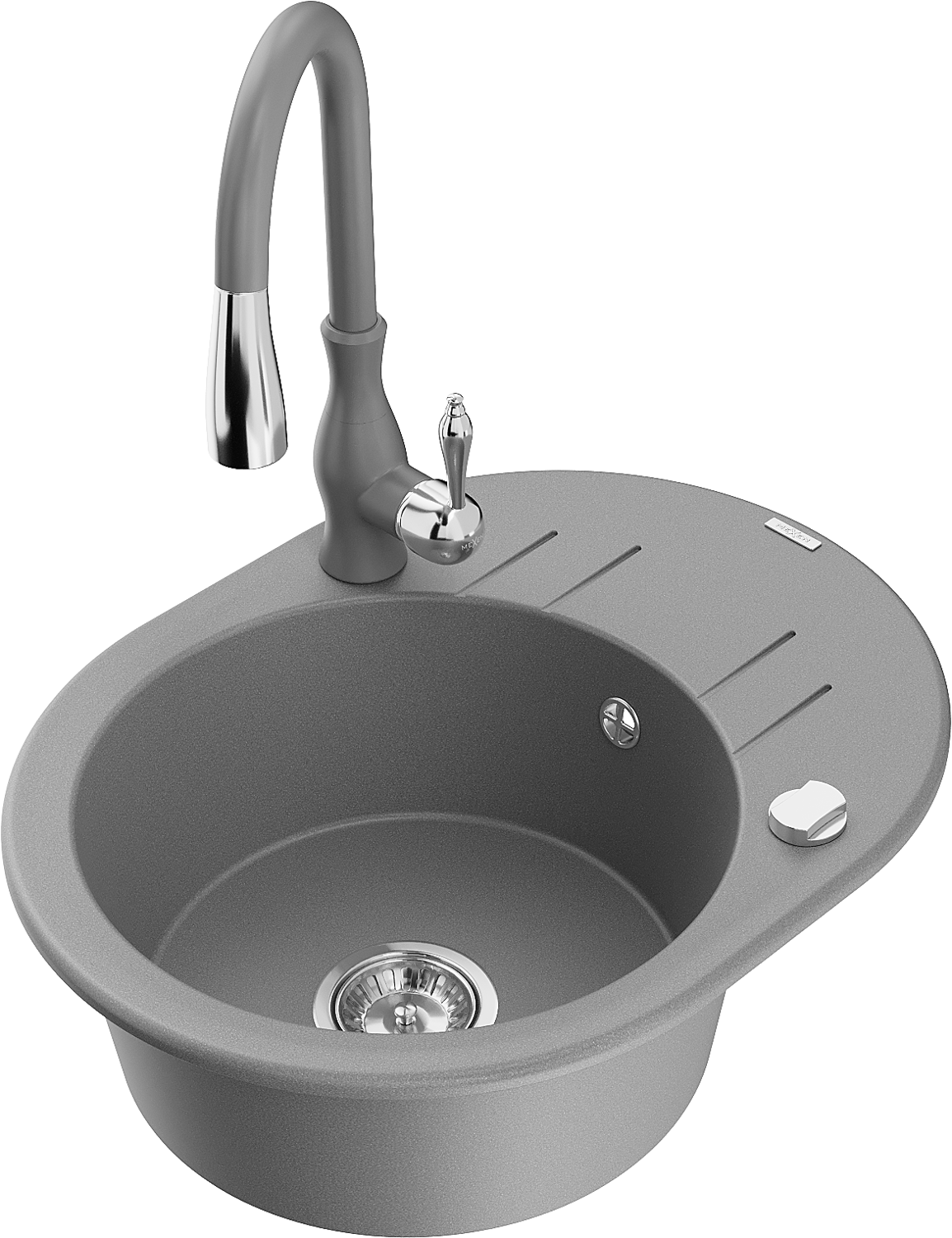 Mexen Kevin zlewozmywak granitowy 1-komorowy z ociekaczem i baterią kuchenną Savita, szary - 6517-71-672601-71