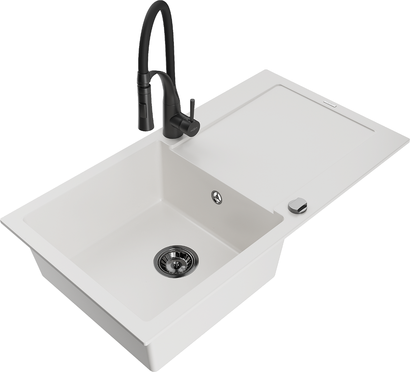 Mexen Leo zlewozmywak granitowy 1-komorowy z ociekaczem i baterią kuchenną Aster, biały - 6501-20-73450-70-B