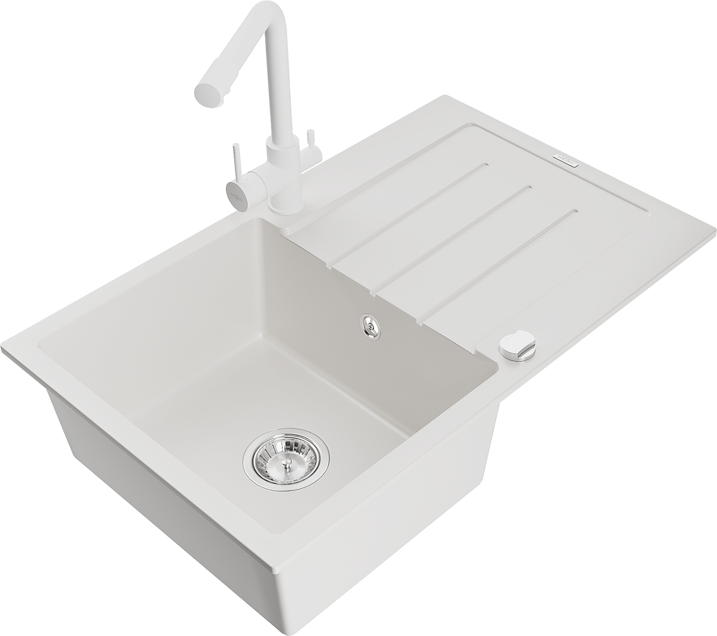 Mexen Bruno zlewozmywak granitowy 1-komorowy z ociekaczem i baterią kuchenną Duero, biały - 6513-20-671600-20