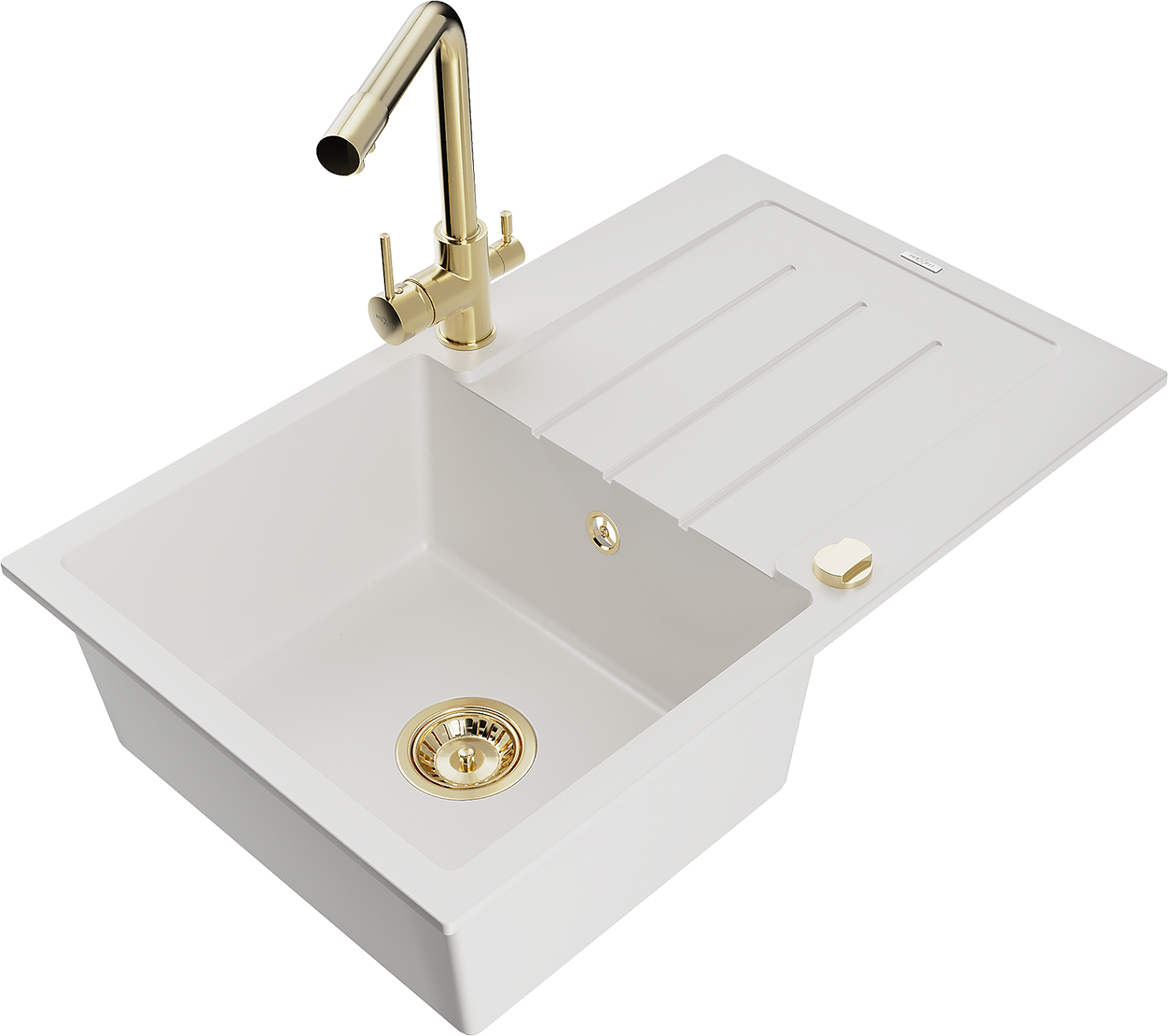 Mexen Bruno zlewozmywak granitowy 1-komorowy z ociekaczem i baterią kuchenną Duero, biały - 6513-20-671600-50