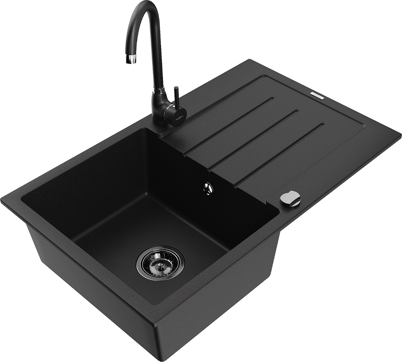 Mexen Bruno zlewozmywak granitowy 1-komorowy z ociekaczem i baterią kuchenną Telma, czarny - 6513-77-670200-70-B