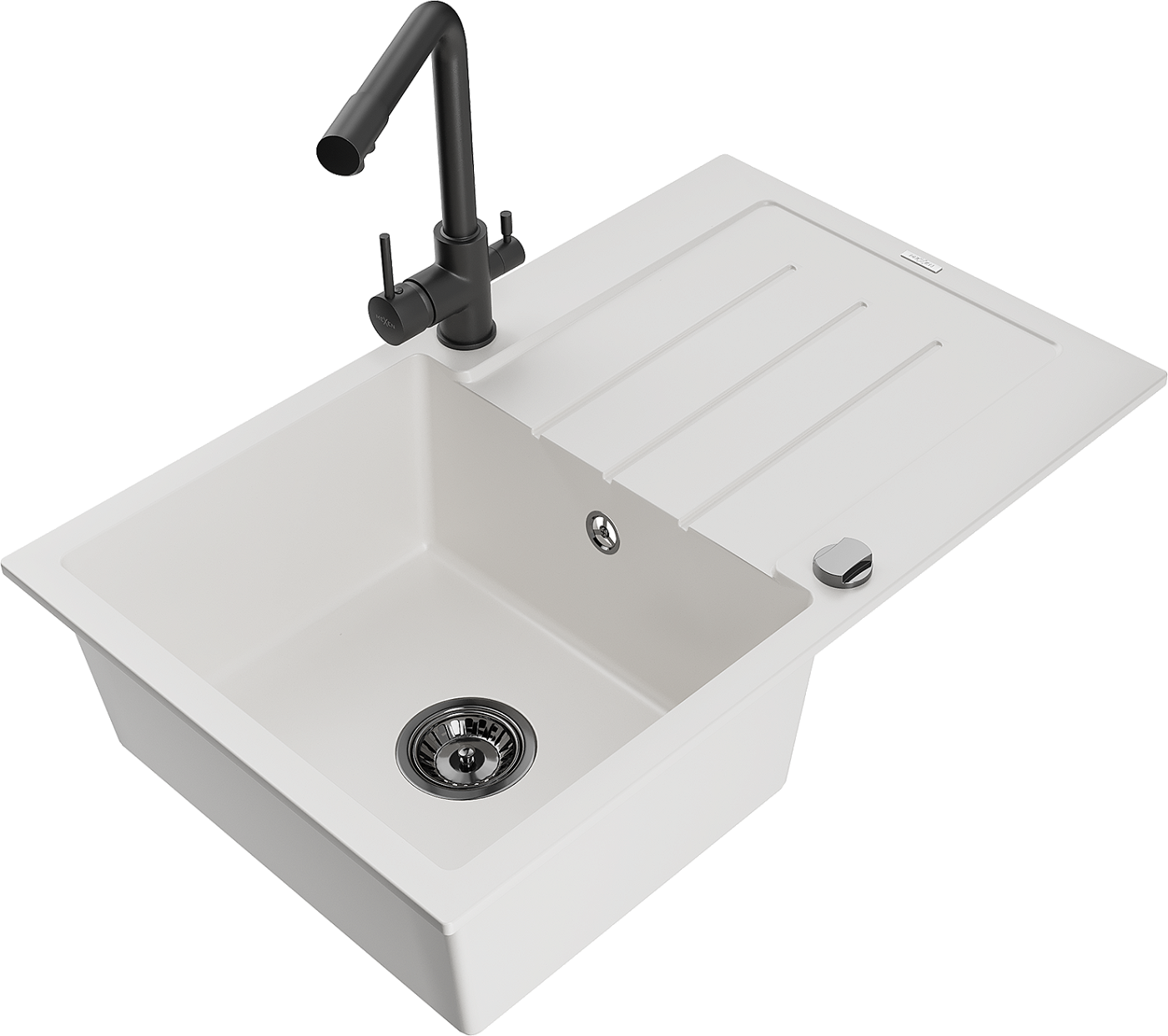 Mexen Bruno zlewozmywak granitowy 1-komorowy z ociekaczem i baterią kuchenną Duero, biały - 6513-20-671600-70