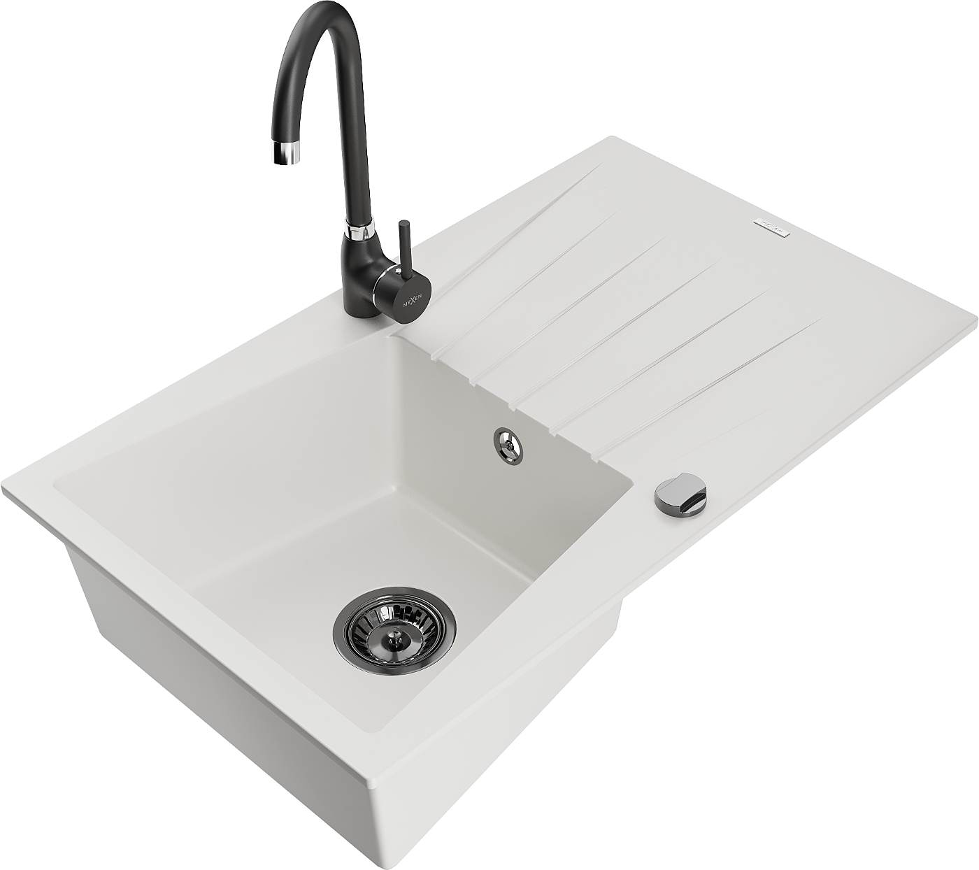 Mexen Cesar zlewozmywak granitowy 1-komorowy z ociekaczem i baterią kuchenną Telma, biały - 6514-20-670200-70
