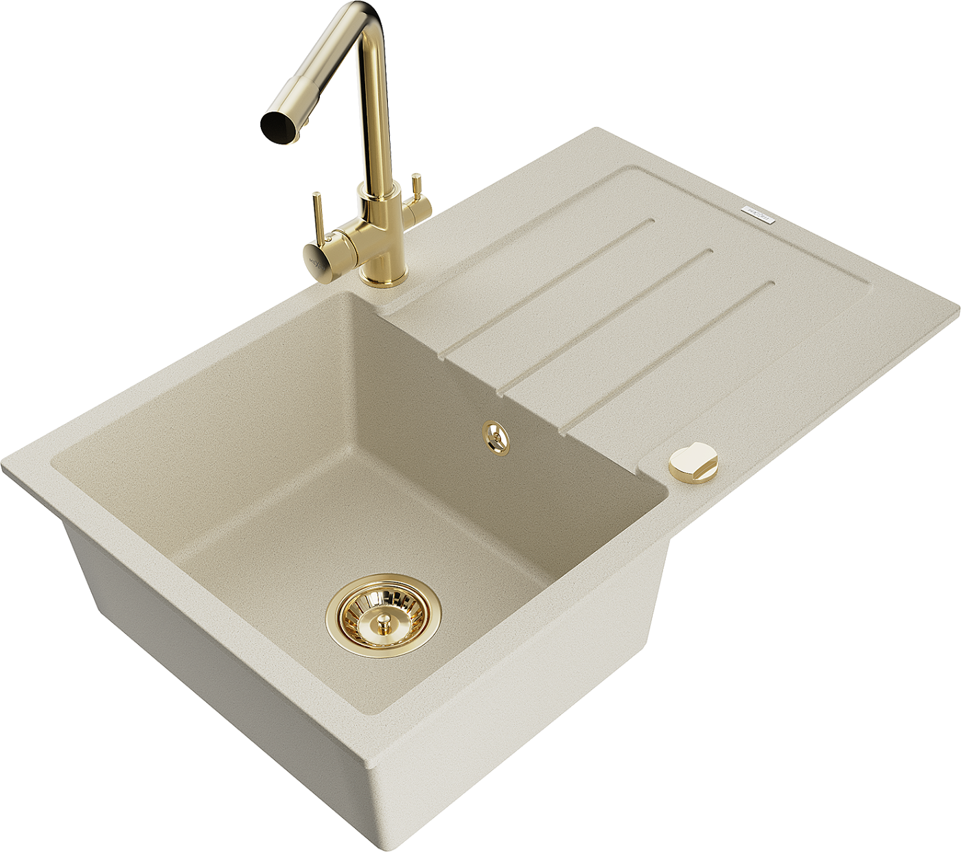 Mexen Bruno zlewozmywak granitowy 1-komorowy z ociekaczem i baterią kuchenną Duero, beżowy - 6513-69-671600-50
