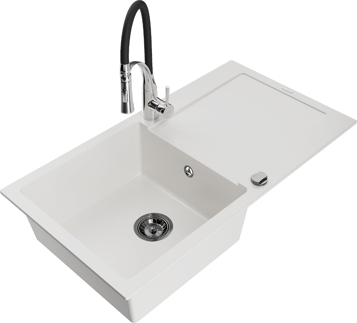 Mexen Leo zlewozmywak granitowy 1-komorowy z ociekaczem i baterią kuchenną Aster, biały - 6501-20-73450-07-B