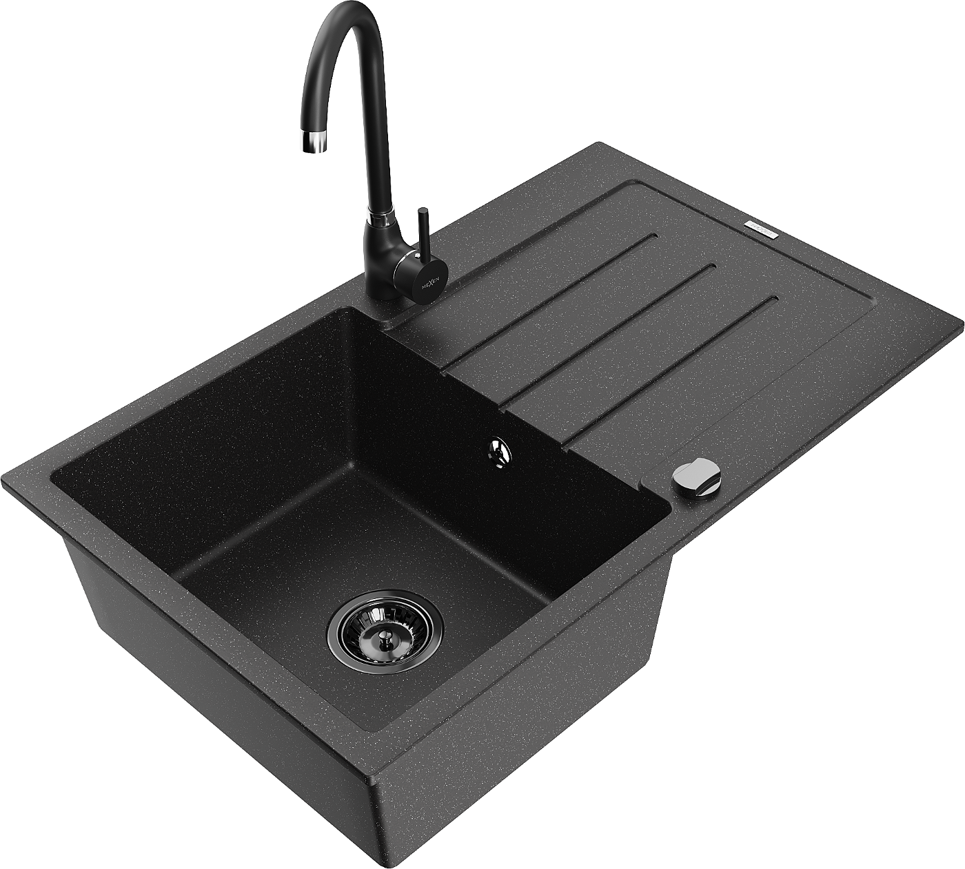 Mexen Bruno zlewozmywak granitowy 1-komorowy z ociekaczem i baterią kuchenną Telma, czarny/srebrny - 6513-73-670200-70-B