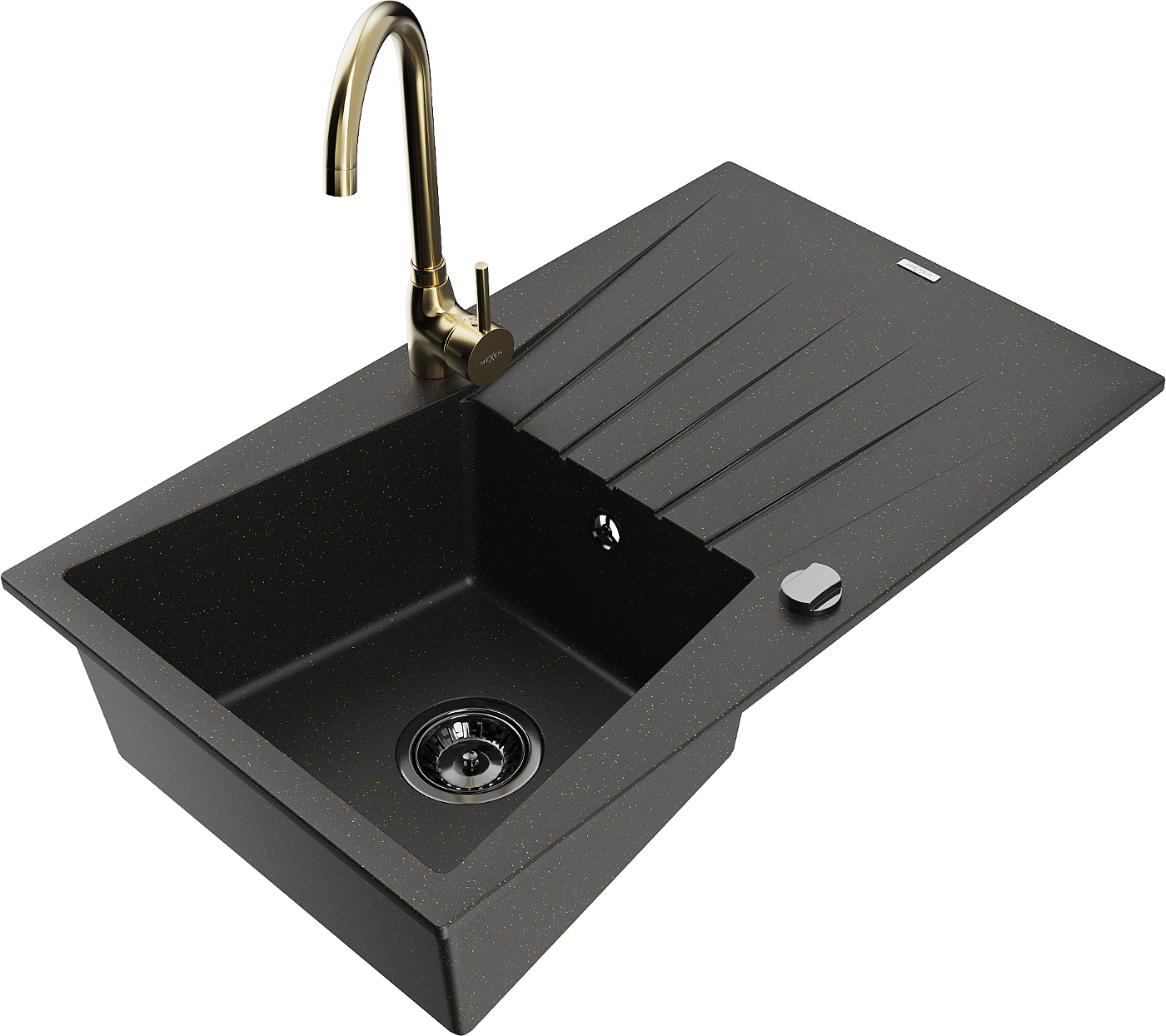Mexen Cesar zlewozmywak granitowy 1-komorowy z ociekaczem i baterią kuchenną Telma, czarny/złoty - 6514-75-670200-50-B