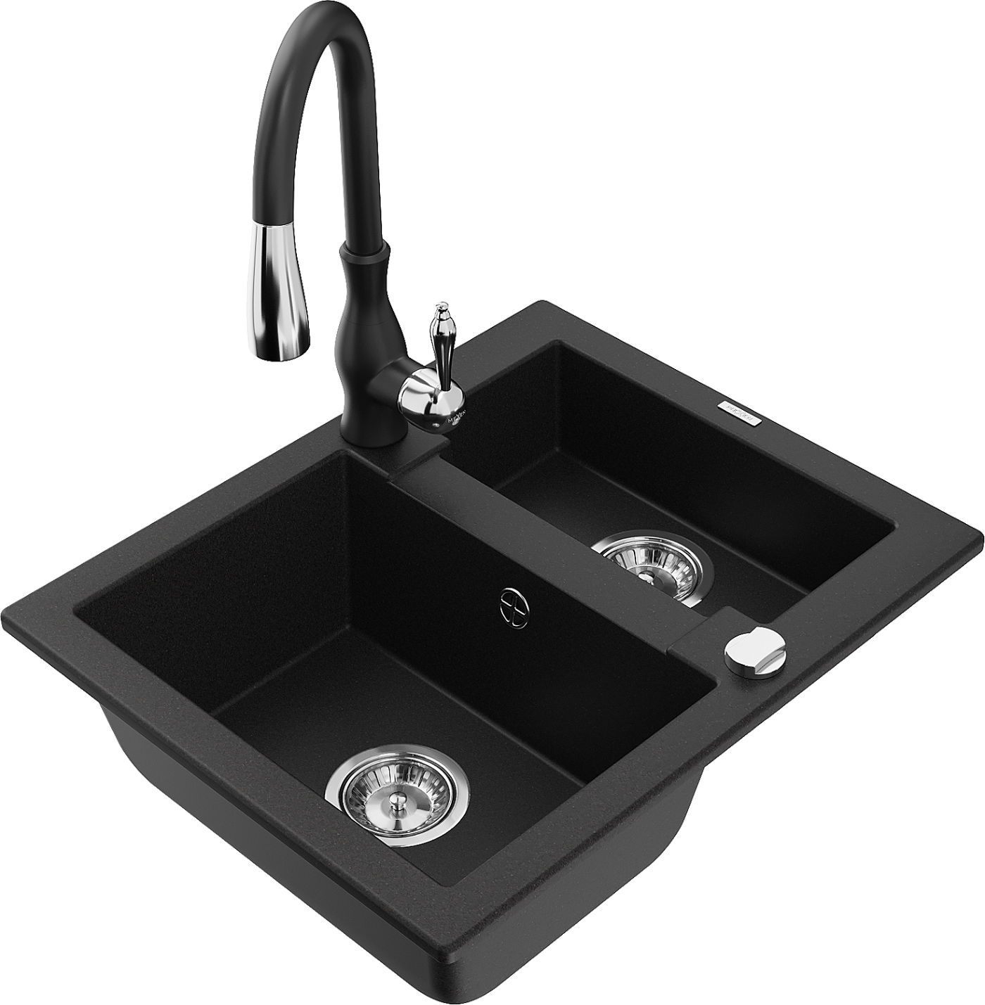 Mexen Carlos zlewozmywak granitowy 1,5-komorowy z baterią kuchenną Savita, czarny - 6518-77-672601-70