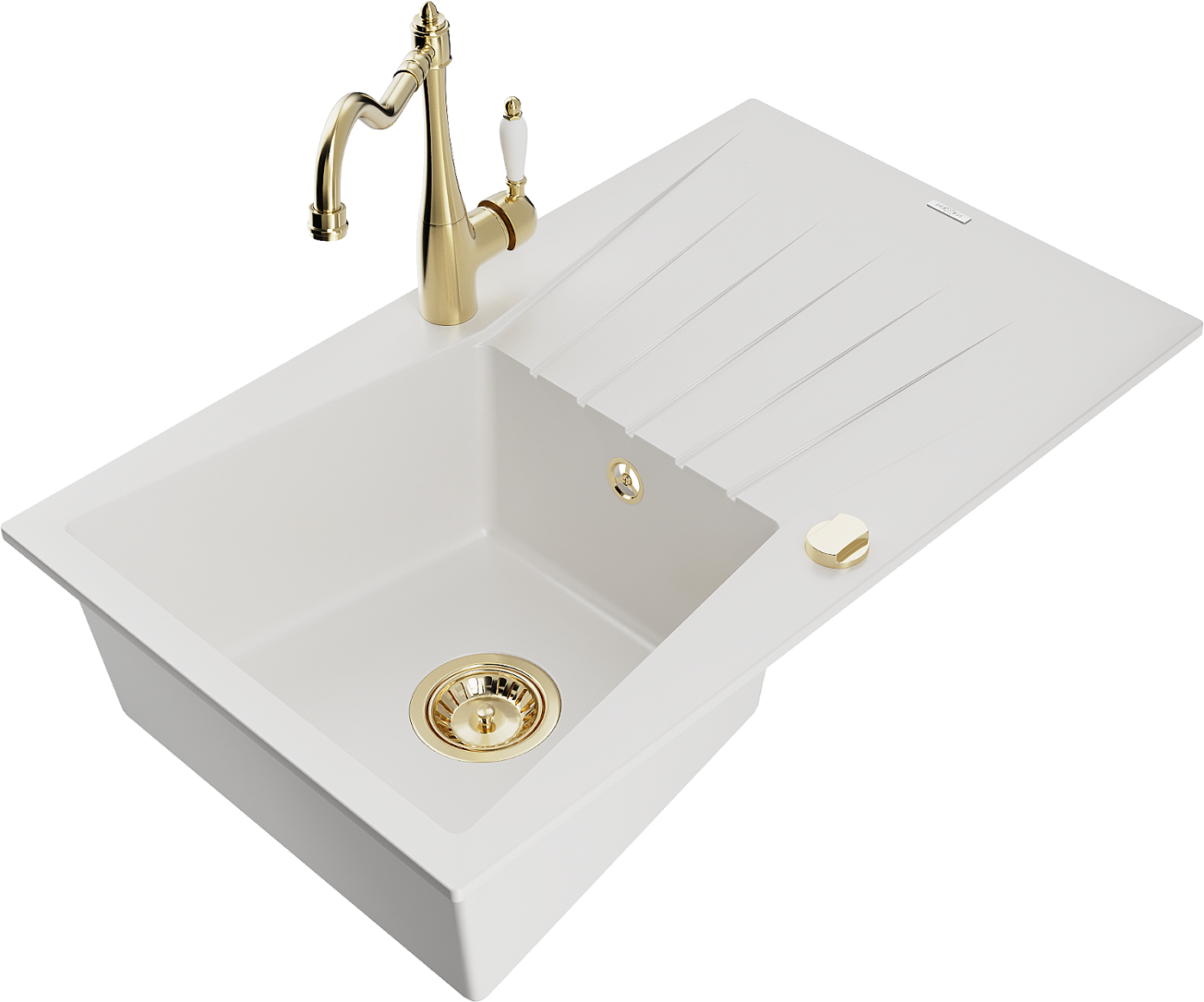 Mexen Cesar zlewozmywak granitowy 1-komorowy z ociekaczem i baterią kuchenną Carla, biały - 6514-20-670700-50