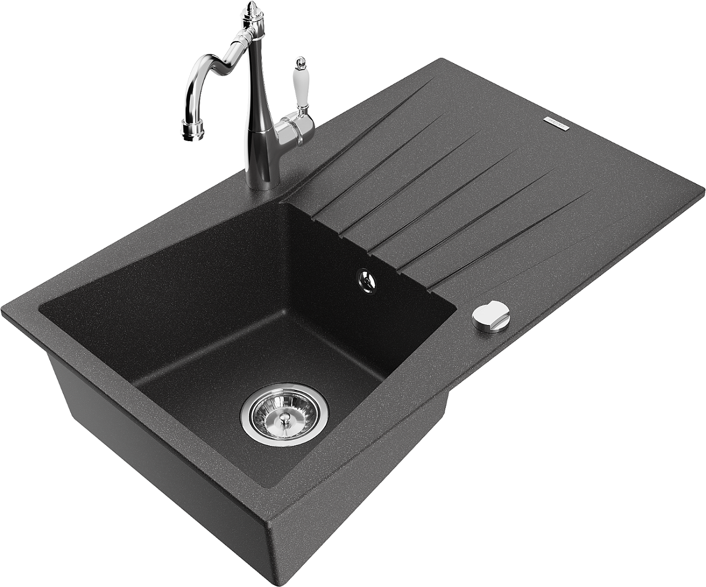 Mexen Cesar zlewozmywak granitowy 1-komorowy z ociekaczem i baterią kuchenną Carla, czarny nakrapiany - 6514-76-670700-00