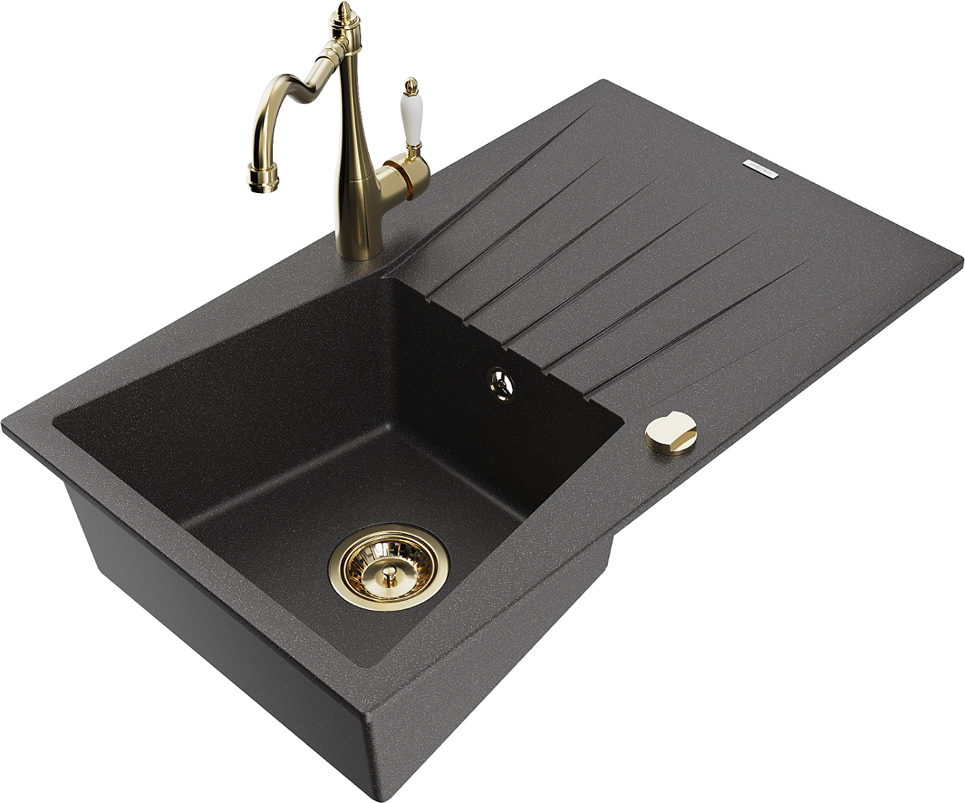 Mexen Cesar zlewozmywak granitowy 1-komorowy z ociekaczem i baterią kuchenną Carla, czarny nakrapiany - 6514-76-670700-50