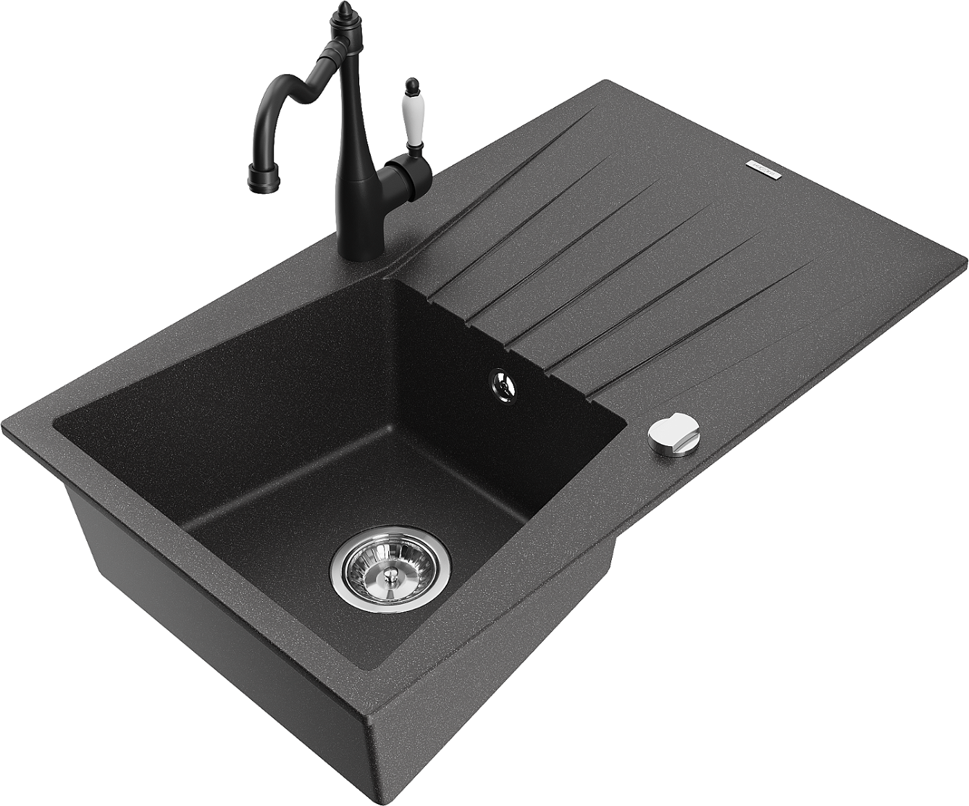 Mexen Cesar zlewozmywak granitowy 1-komorowy z ociekaczem i baterią kuchenną Carla, czarny nakrapiany - 6514-76-670700-70