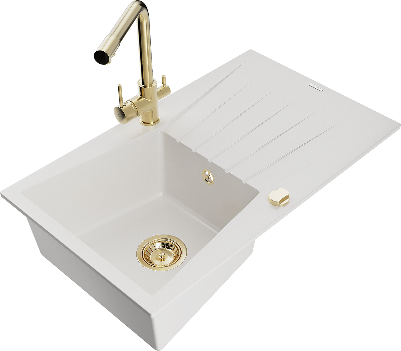 Mexen Cesar zlewozmywak granitowy 1-komorowy z ociekaczem i baterią kuchenną Duero, biały - 6514-20-671600-50