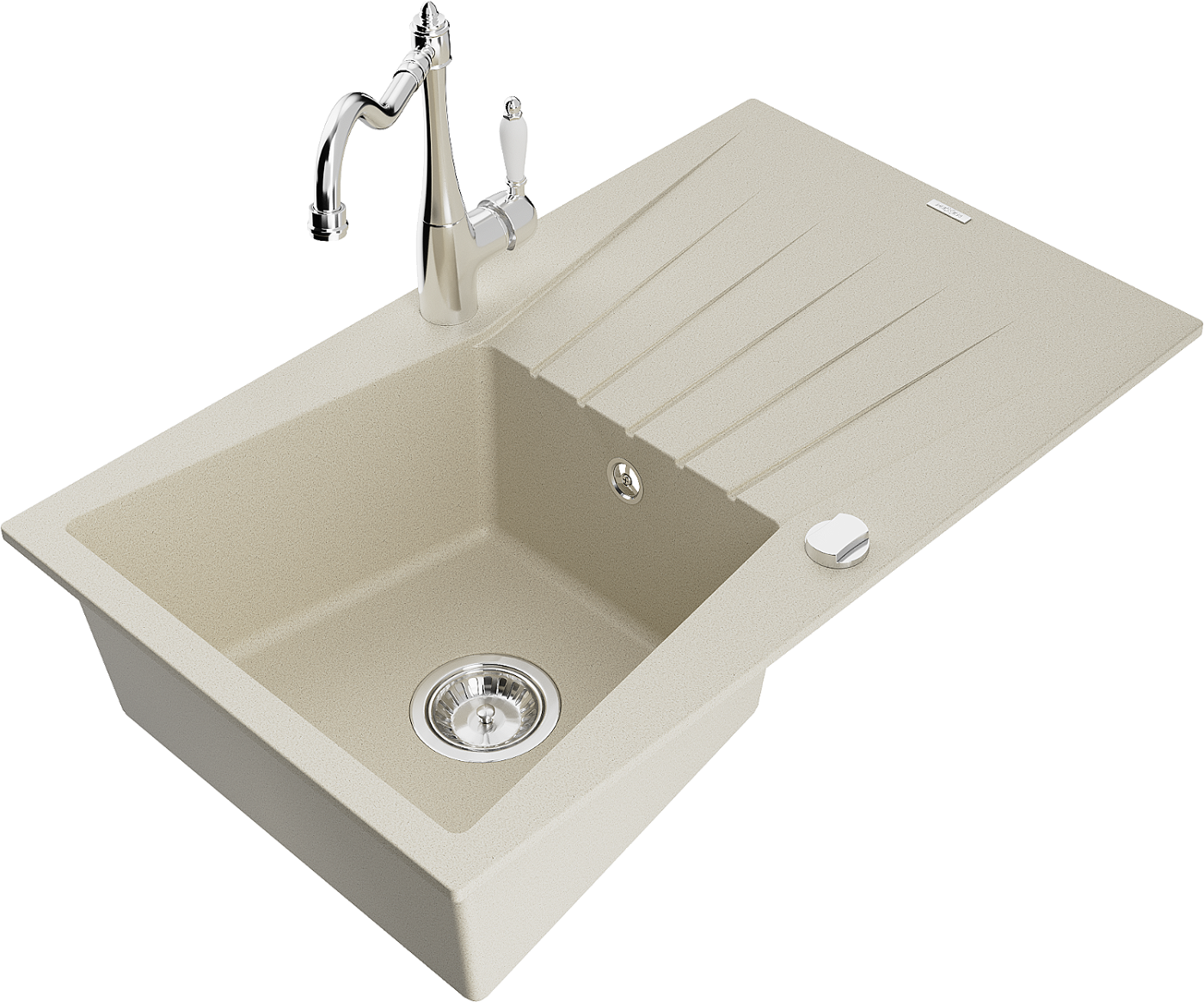 Mexen Cesar zlewozmywak granitowy 1-komorowy z ociekaczem i baterią kuchenną Carla, beżowy - 6514-69-670700-00