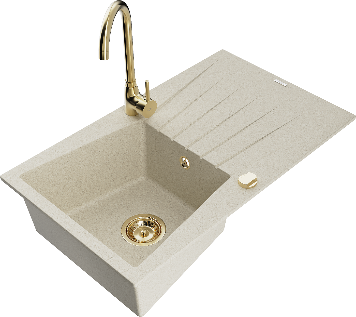 Mexen Cesar zlewozmywak granitowy 1-komorowy z ociekaczem i baterią kuchenną Telma, beżowy - 6514-69-670200-50