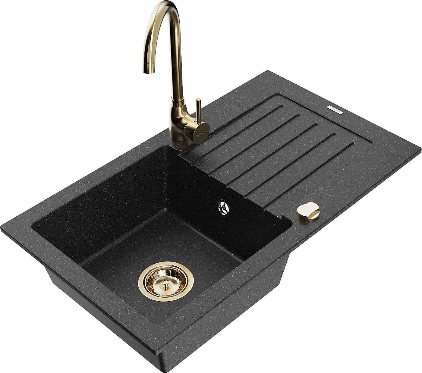 Mexen Pablo zlewozmywak granitowy 1-komorowy z ociekaczem i baterią kuchenną Telma, czarny/srebrny - 6510-73-670200-50
