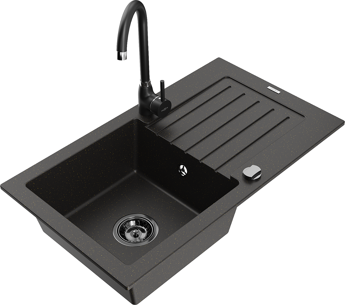 Mexen Pablo zlewozmywak granitowy 1-komorowy z ociekaczem i baterią kuchenną Telma, czarny/złoty - 6510-75-670200-70-B