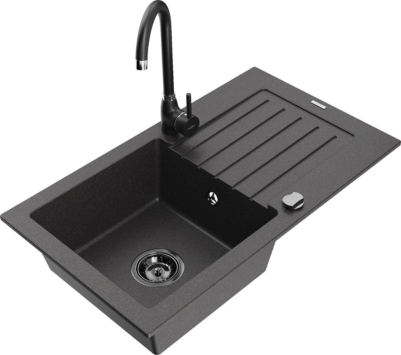 Mexen Pablo zlewozmywak granitowy 1-komorowy z ociekaczem i baterią kuchenną Telma, czarny nakrapiany - 6510-76-670200-70-B