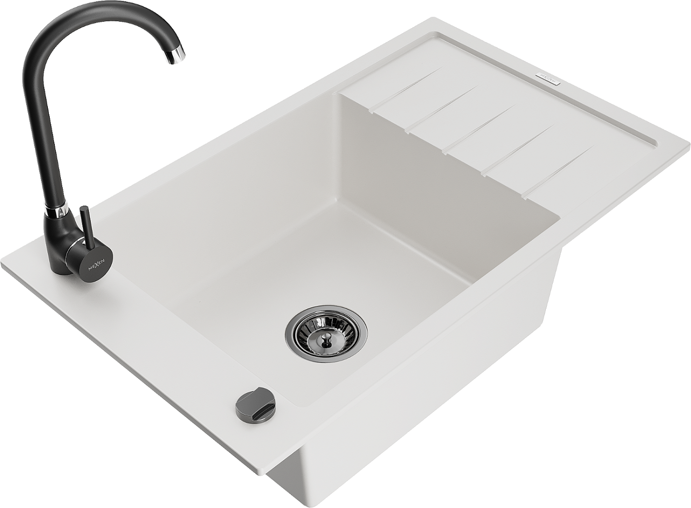 Mexen Elias zlewozmywak granitowy 1-komorowy z ociekaczem i baterią kuchenną Telma, biały - 6511-20-670200-70