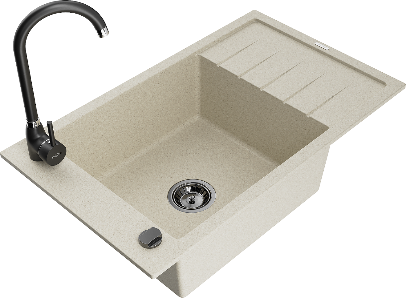 Mexen Elias zlewozmywak granitowy 1-komorowy z ociekaczem i baterią kuchenną Telma, beżowy - 6511-69-670200-70
