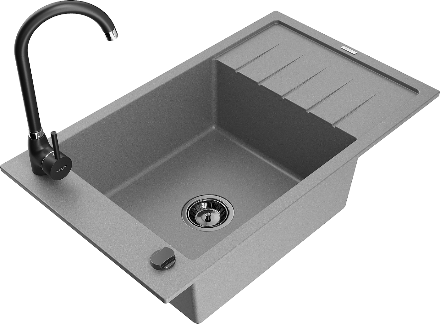 Mexen Elias zlewozmywak granitowy 1-komorowy z ociekaczem i baterią kuchenną Telma, szary - 6511-71-670200-70-B