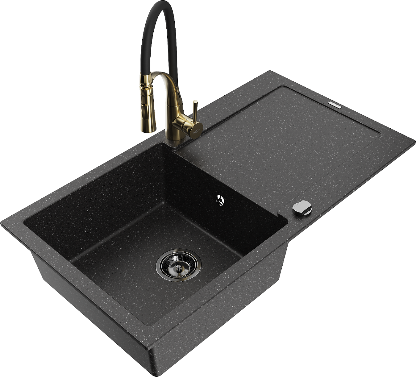 Mexen Leo zlewozmywak granitowy 1-komorowy z ociekaczem i baterią kuchenną Aster, czarny/srebrny metalik - 6501-73-73450-57-B