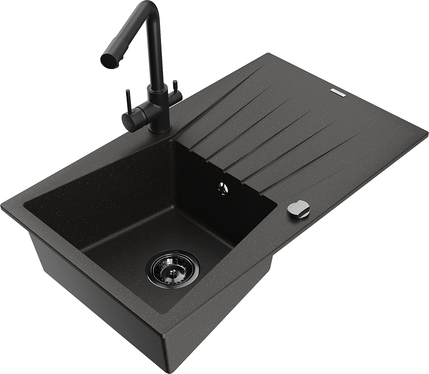 Mexen Cesar zlewozmywak granitowy 1-komorowy z ociekaczem i baterią kuchenną Duero, czarny/złoty metalik - 6514-75-671600-70-B