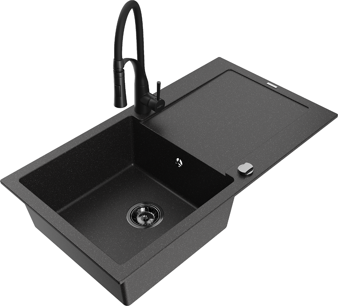 Mexen Leo zlewozmywak granitowy 1-komorowy z ociekaczem i baterią kuchenną Aster, czarny/srebrny metalik - 6501-73-73450-70-B