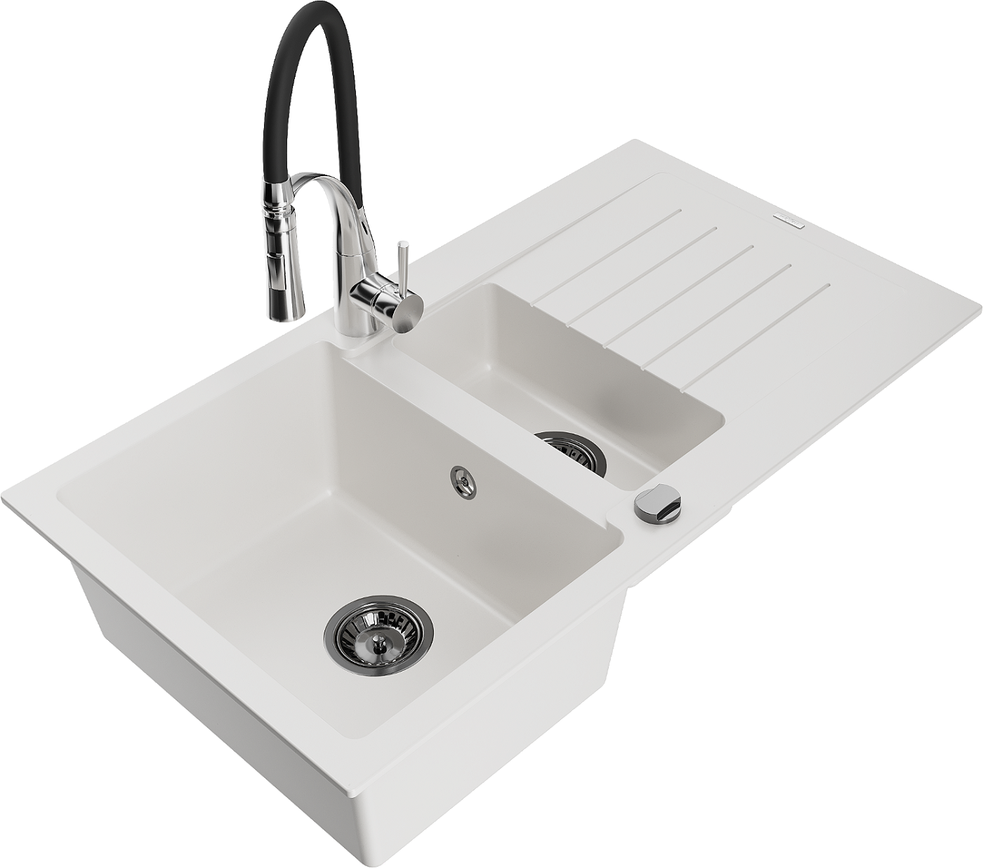 Mexen Matias zlewozmywak granitowy 1,5-komorowy z ociekaczem i baterią kuchenną Aster, biały - 6502-20-73450-07-B