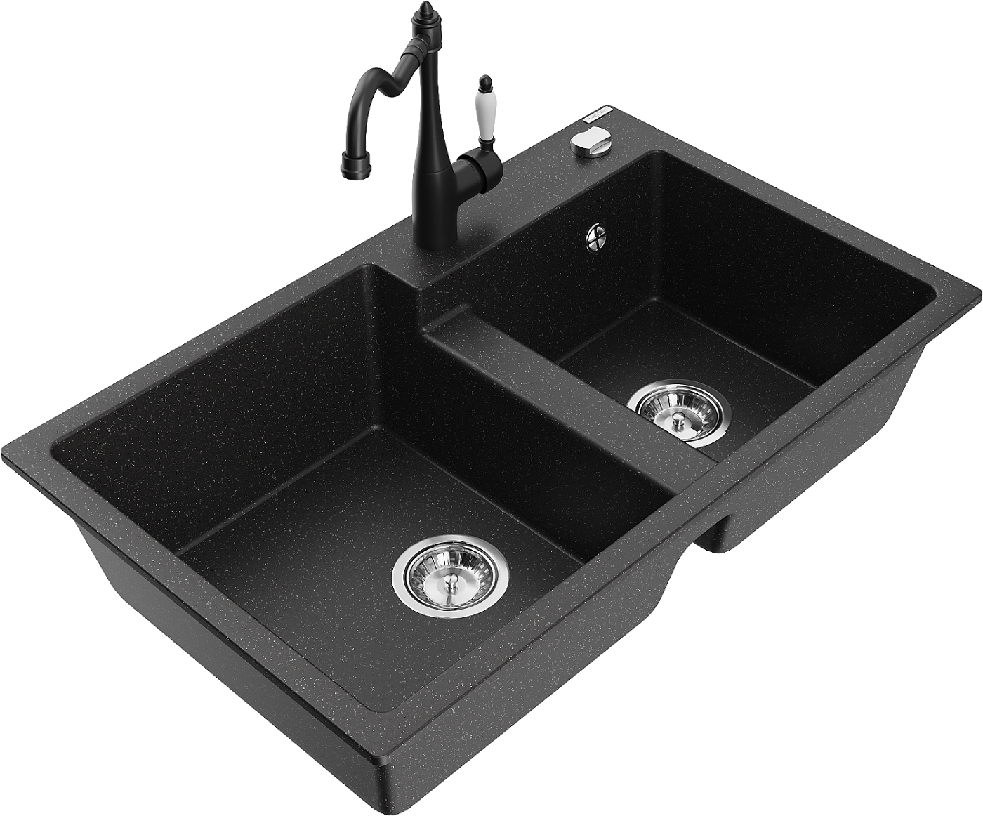 Mexen Tomas zlewozmywak granitowy 2-komorowy z baterią kuchenną Carla, czarny/srebrny metalik - 6516-73-670700-70