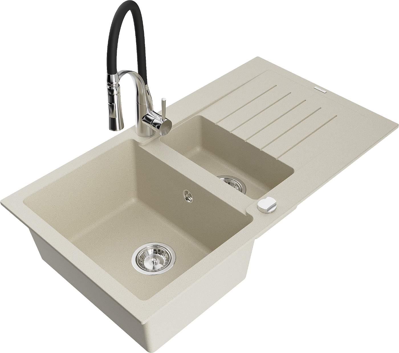 Mexen Matias zlewozmywak granitowy 1,5-komorowy z ociekaczem i baterią kuchenną Aster, beżowy - 6502-69-73450-07