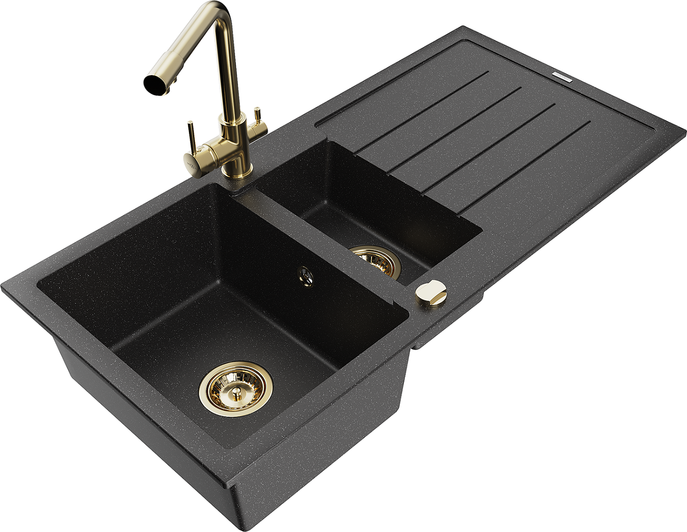 Mexen Andres zlewozmywak granitowy 1,5-komorowy z ociekaczem i baterią kuchenną Duero, czarny/srebrny - 6515-73-671600-50
