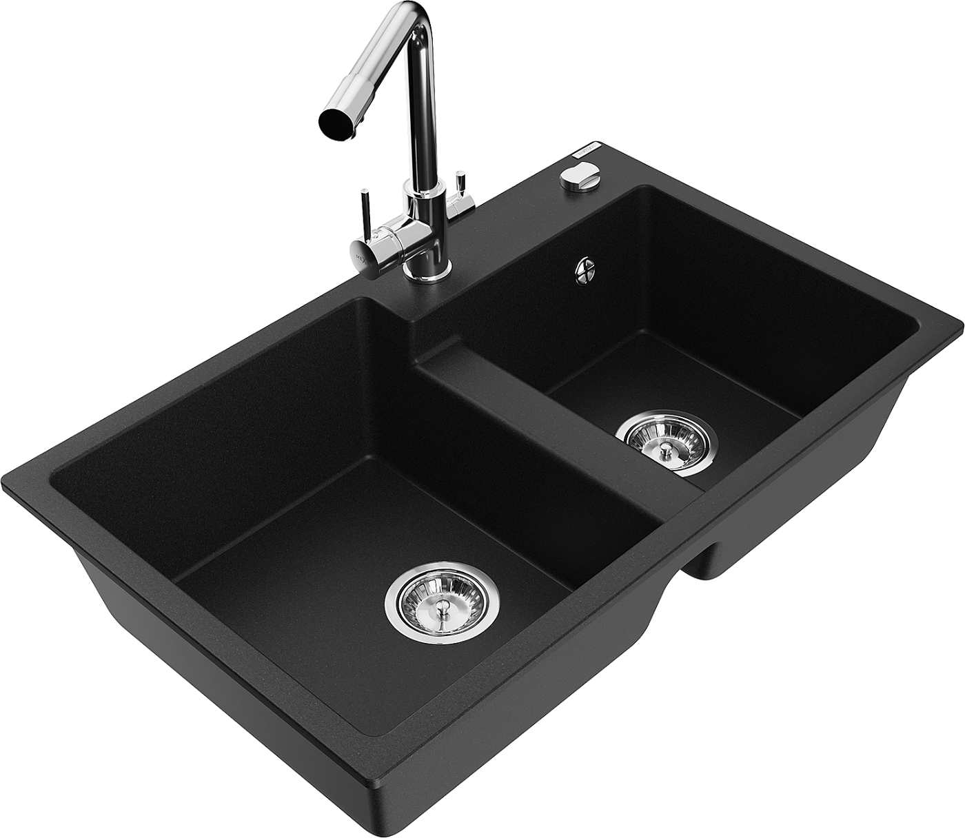 Mexen Tomas zlewozmywak granitowy 2-komorowy z baterią kuchenną Duero, czarny - 6516-77-671600-00