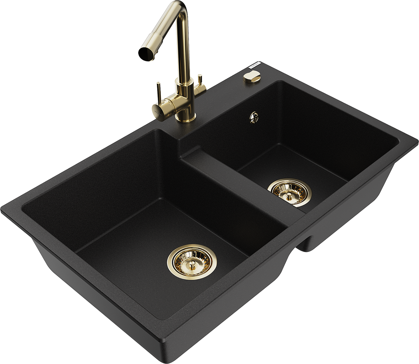 Mexen Tomas zlewozmywak granitowy 2-komorowy z baterią kuchenną Duero, czarny - 6516-77-671600-50