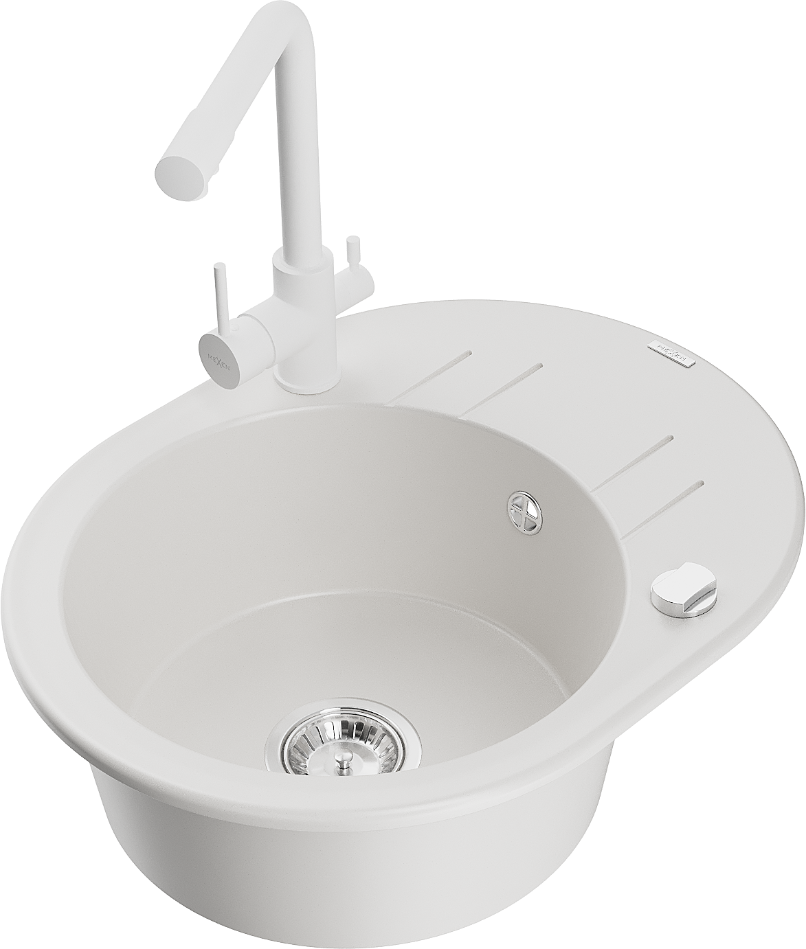 Mexen Kevin zlewozmywak granitowy 1-komorowy z ociekaczem i baterią kuchenną Duero, biały - 6517-20-671600-20