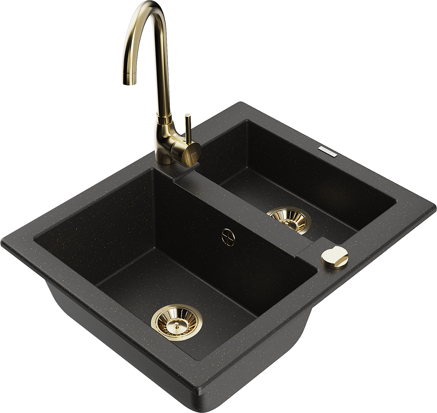 Mexen Carlos zlewozmywak granitowy 1,5-komorowy z baterią kuchenną Telma, czarny/złoty metalik - 6518-75-670200-50